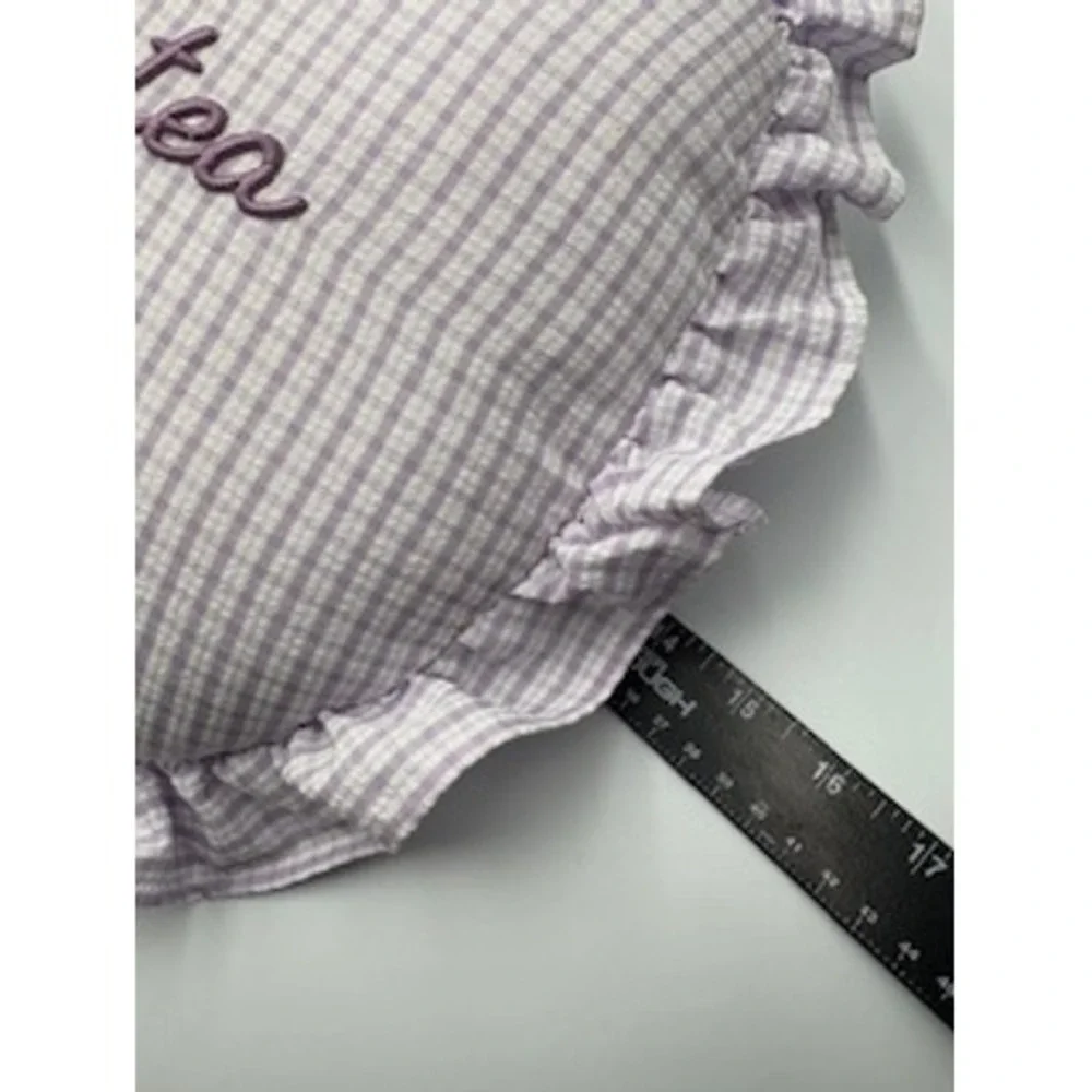 Spill the Tea Throw Pillow Purple Gingham Grandmillennial Ruffle Coquette Round